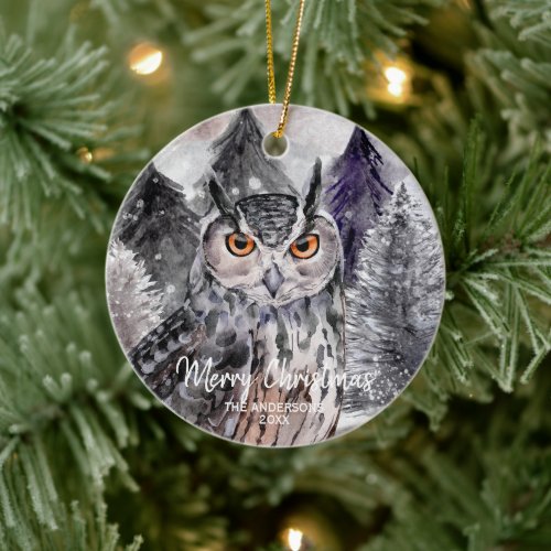 Grey Owl Watercolor in Forest Christmas Ornament