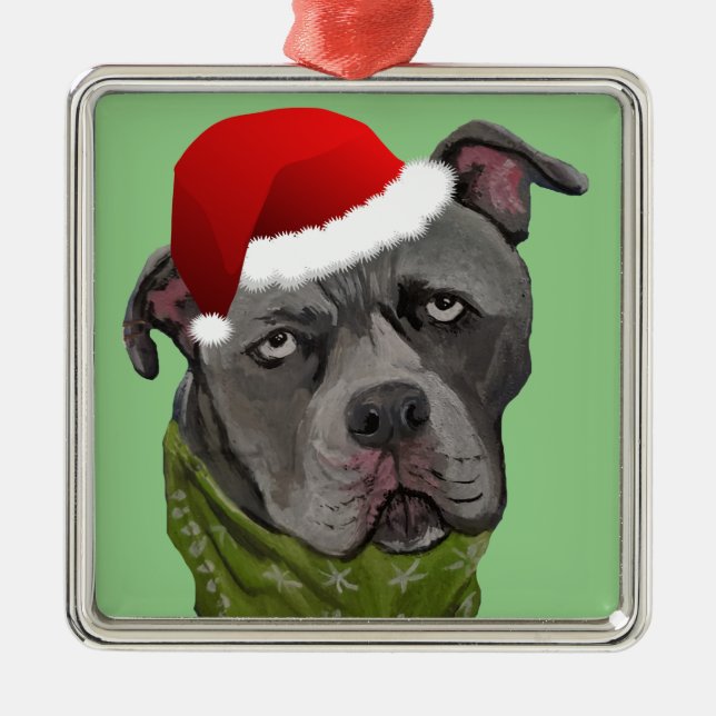 Grey Paint Pit Bull Santa Hat Metal Ornament (Front)