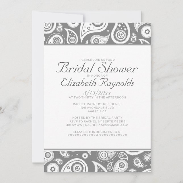 Grey Paisley Bridal Shower Invitations (Front)