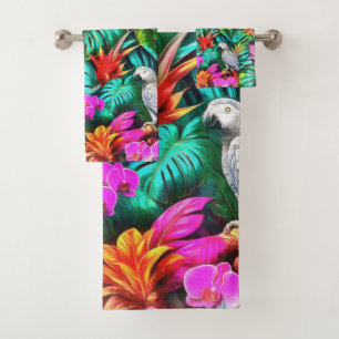 Grey Parrot Jungle Dreams Seamless Surface Pattern Bath Towel Set
