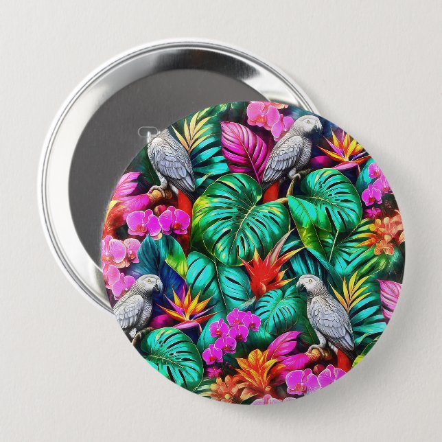 Grey Parrot Jungle Dreams Seamless Surface Pattern Button (Front & Back)