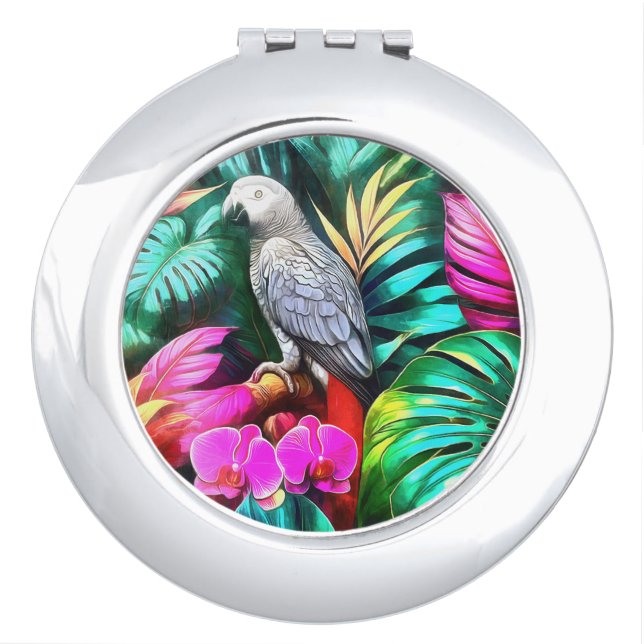 Grey Parrot Jungle Dreams Seamless Surface Pattern Compact Mirror (Front)