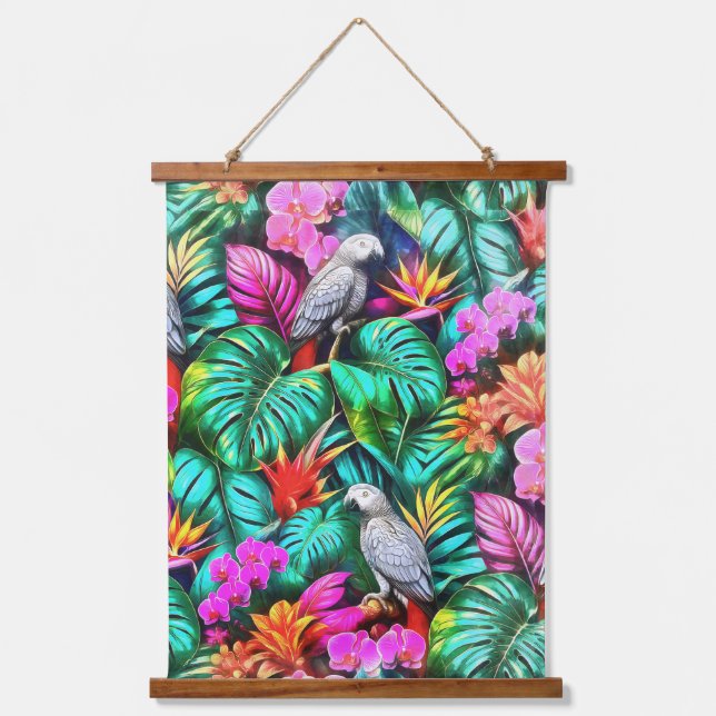 Grey Parrot Jungle Dreams Seamless Surface Pattern Hanging Tapestry (Front)