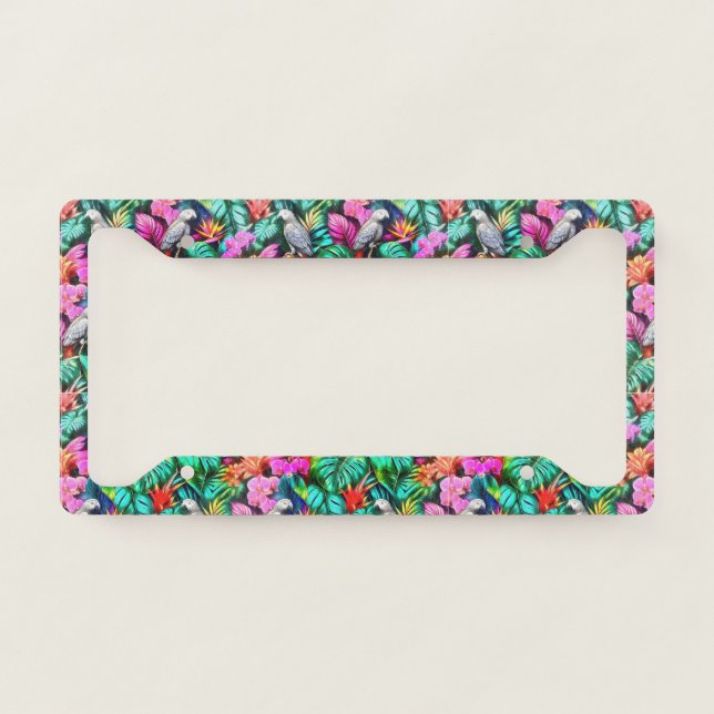 Grey Parrot Jungle Dreams Seamless Surface Pattern License Plate Frame (Front)