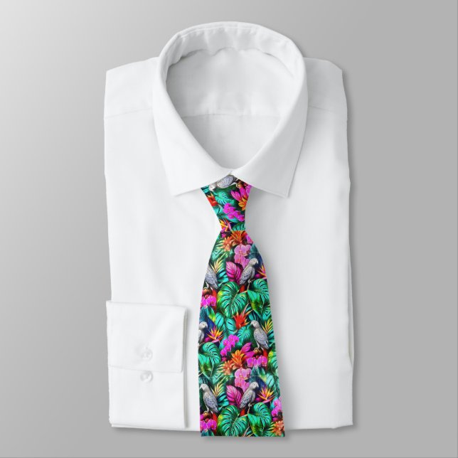 Grey Parrot Jungle Dreams Seamless Surface Pattern Neck Tie (Tied)