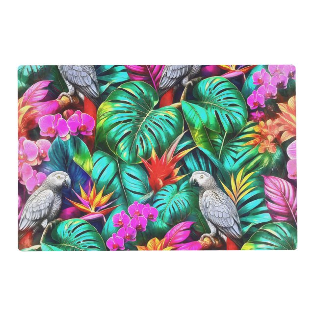 Grey Parrot Jungle Dreams Seamless Surface Pattern Placemat (Back)