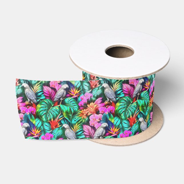 Grey Parrot Jungle Dreams Seamless Surface Pattern Satin Ribbon (Spool)