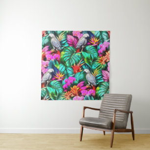 Grey Parrot Jungle Dreams Seamless Surface Pattern Tapestry