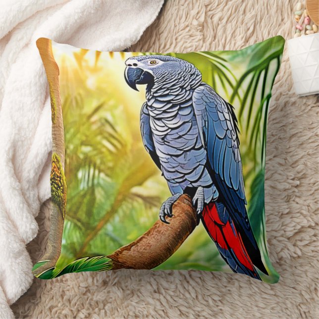 Grey Parrot Perch Throw Pillow (Blanket)