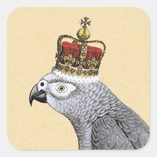 Grey Parrot with Royal Crown Square Sticker