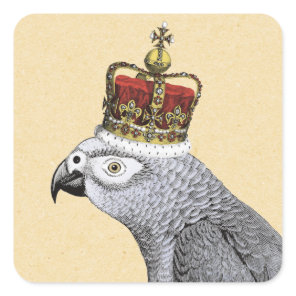 Grey Parrot with Royal Crown Square Sticker