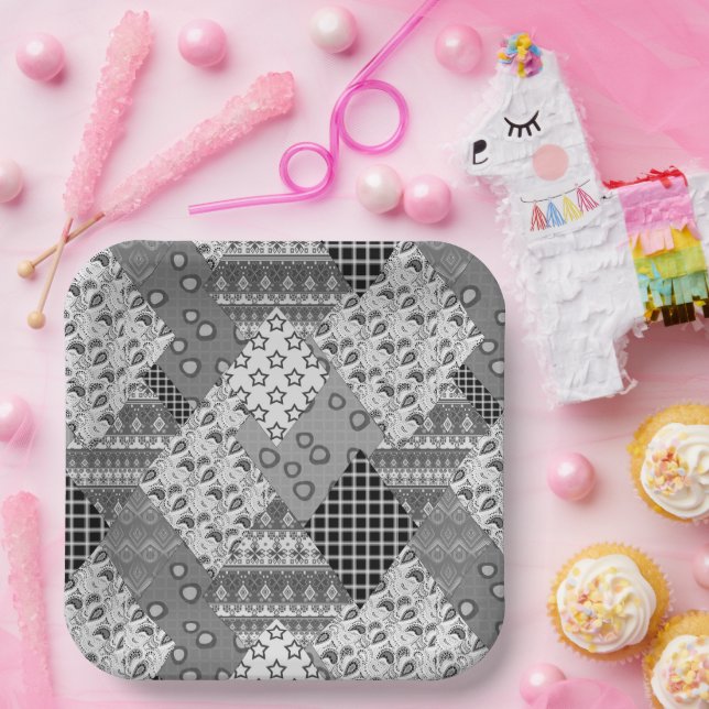 Grey Patchwork Patchwork Pattern  Paper Plates (Party)