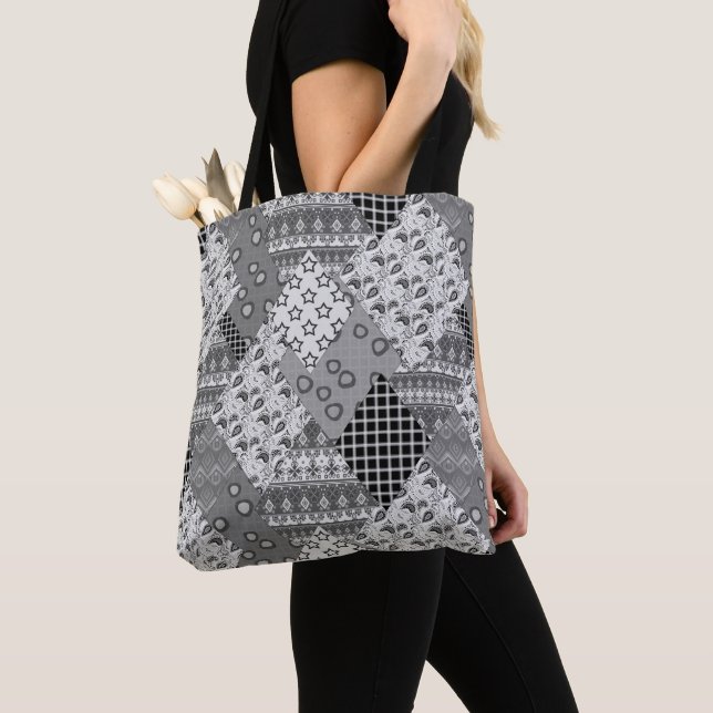 Grey Patchwork Patchwork Pattern  Tote Bag (Close Up)