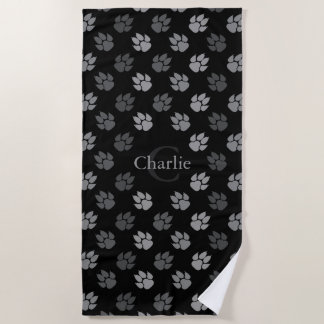 Grey Paw Prints On Black With Monogram And Name Beach Towel