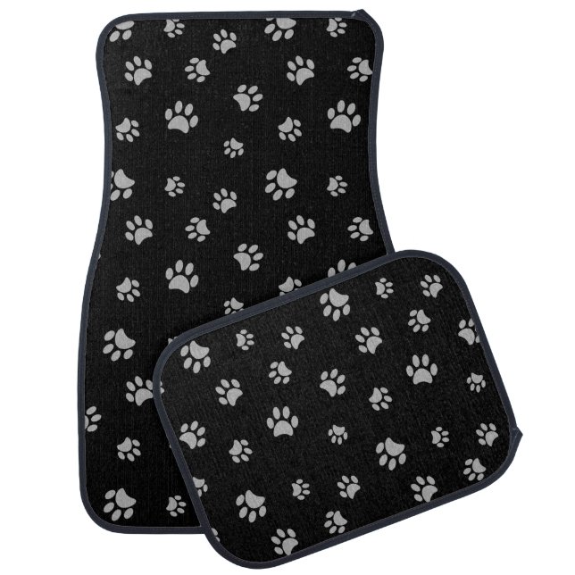 Grey Paw Prints Pattern on Black Car Floor Mat (Set)