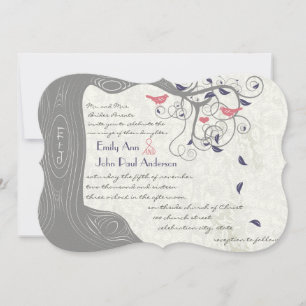 Grey Peach and Navy Love Bird Wedding Invitations