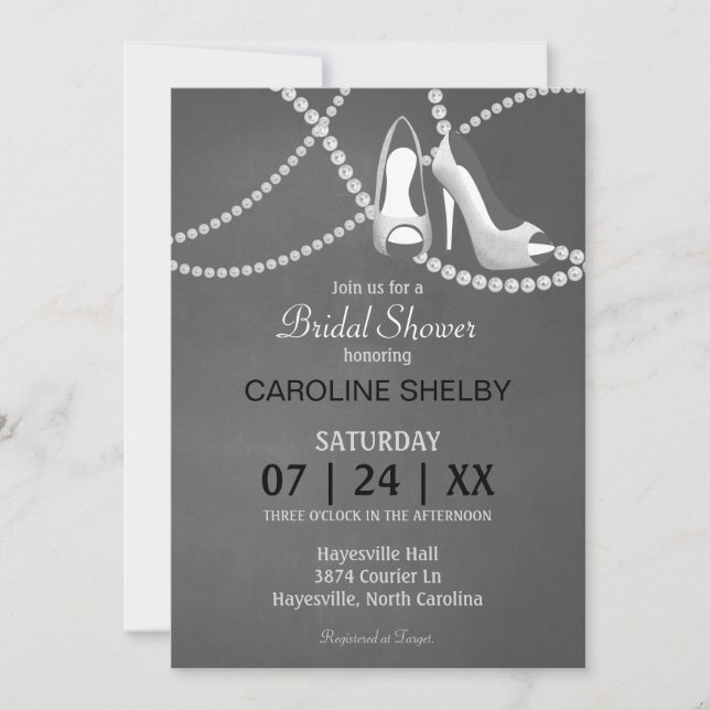 Grey Pearl and High Heel Bridal Shower Invitation (Front)