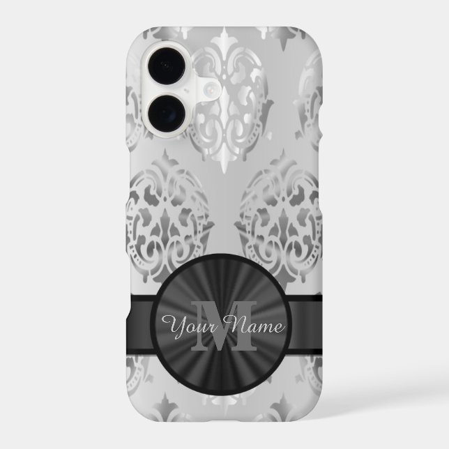 Grey personalized monogram damask pattern iphone case (Back)
