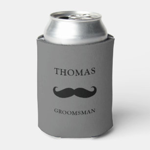 grey personalized name moustache Groomsman Can Cooler