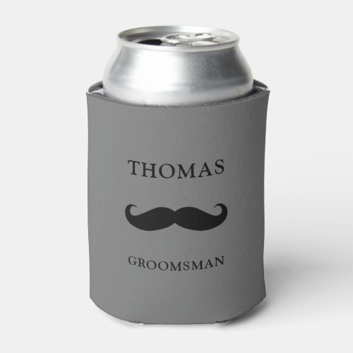 grey personalized name moustache Groomsman Can Cooler