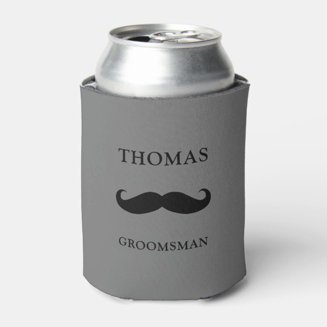 grey personalized name moustache Groomsman Can Cooler (Can Front)