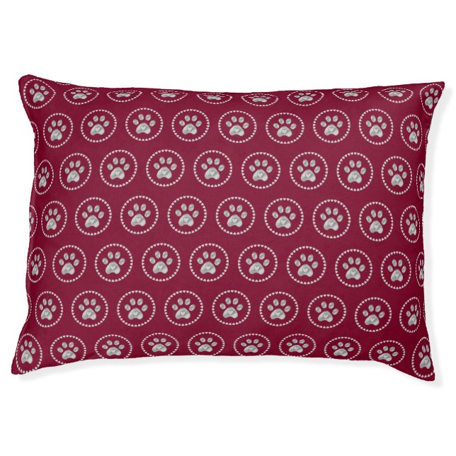 Grey pet paws on burgundy red pet bed (Front)