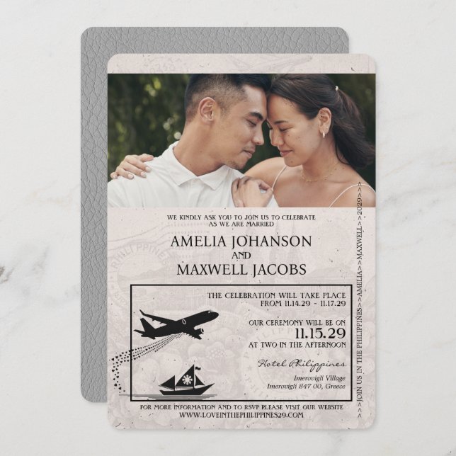 Grey Philippines Passport Wedding Invitation (Front/Back)