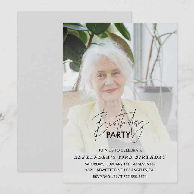 Grey Photo 83rd birthday party invitation (Front/Back)