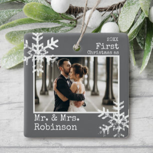 Grey Photo First Christmas as Mr and Mrs Snowflake Ceramic Ornament