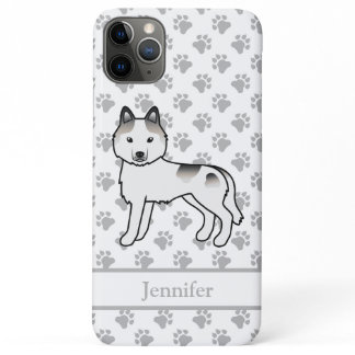 Grey Piebald Siberian Husky Cartoon Dog &amp; Name iPhone 11 Pro Max Case
