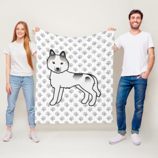 Grey Piebald Siberian Husky Cartoon Dog &amp; Paws Fleece Blanket