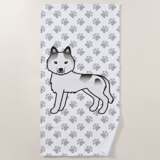 Grey Piebald Siberian Husky Cute Cartoon Dog Beach Towel