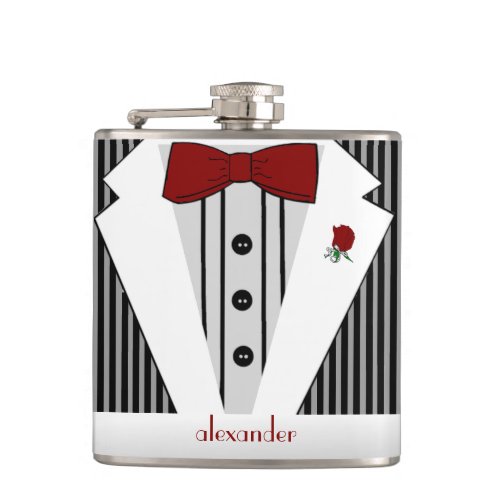 Grey Pin Stripe Red Bow Tie Tuxedo Wedding Flask
