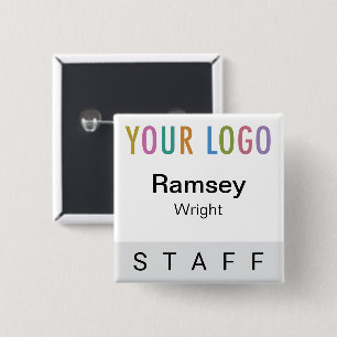 Grey Pinback Staff Badge Event Logo Square Name Button