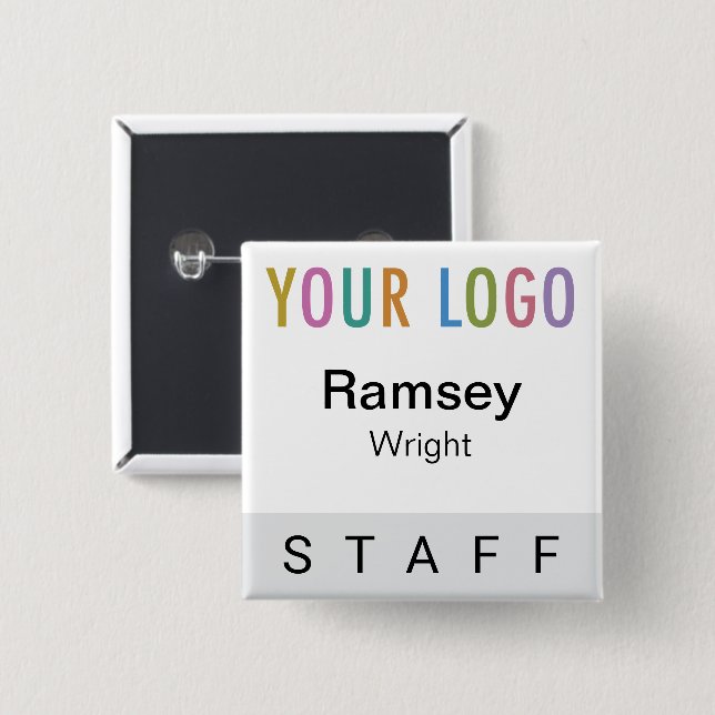 Grey Pinback Staff Badge Event Logo Square Name Button (Front & Back)