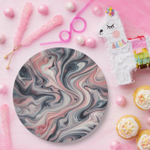Grey, Pink, and White Liquid Marble Paper Plates