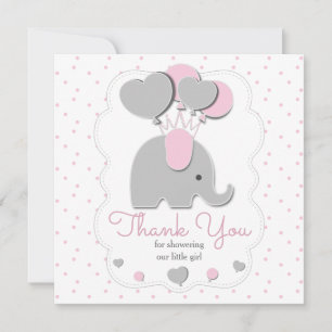 grey pink baby girl elephant thank you card