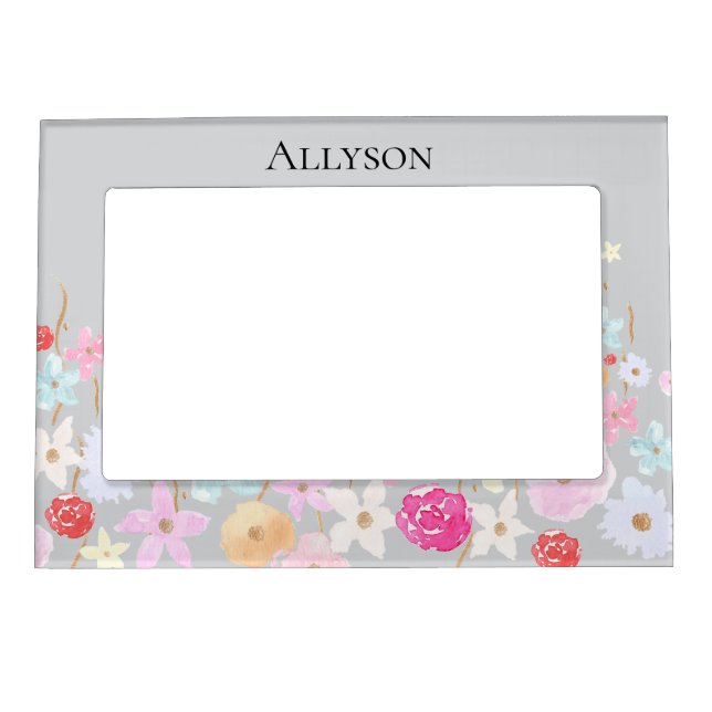 Grey Pink Blue Yellow Flowers Magnetic Frame (Front)