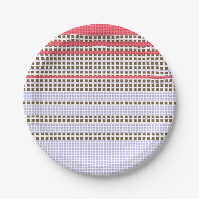 Grey, pink, brown, plaid paper plates (Front)