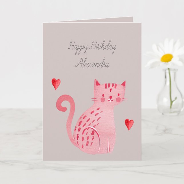 Grey Pink Cat Hearts Birthday  Card (Small Plant)