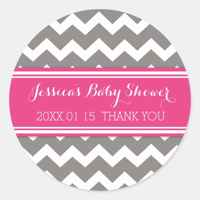 Grey Pink Chevron Baby Shower Favor Stickers (Front)