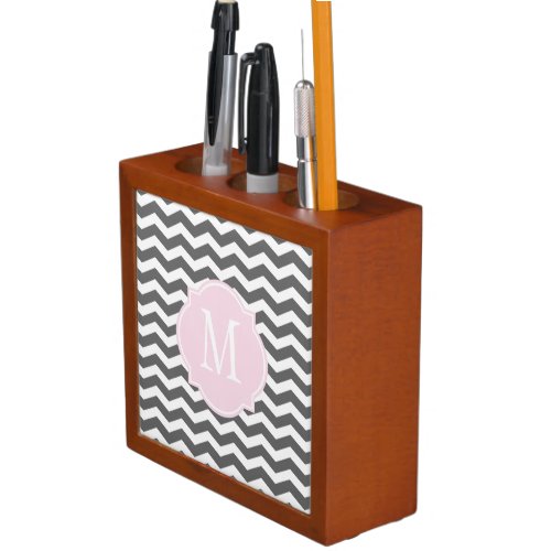 Grey  Pink Chevron Monogram Desk Organizer