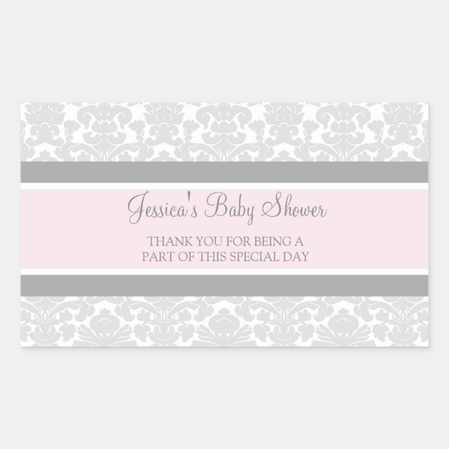 Grey Pink Damask Baby Shower Favor Stickers (Front)