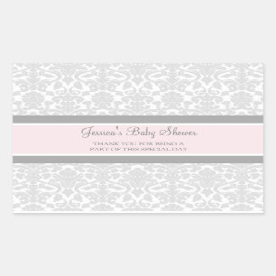 Grey Pink Damask Baby Shower Favor Stickers