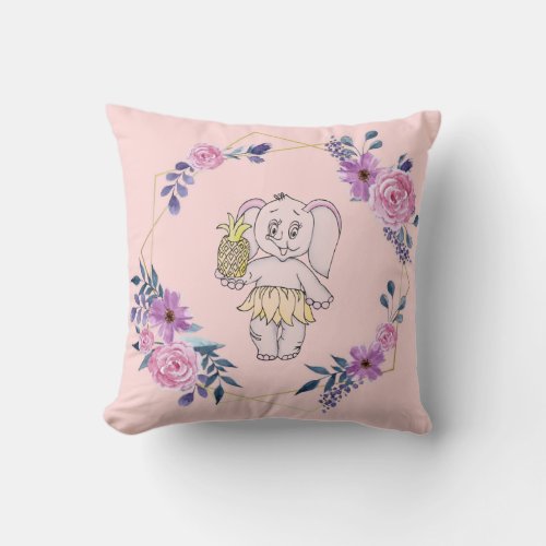 Grey Pink Elephant Girl Modern Baby for Kids Throw Pillow