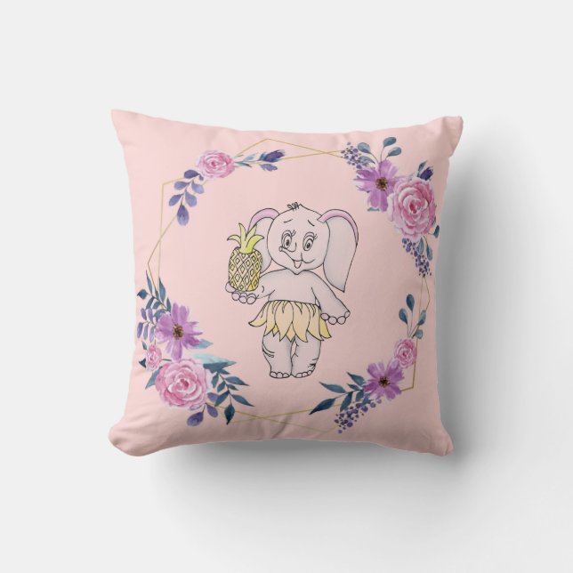 Grey Pink Elephant Girl Modern Baby for Kids Throw Pillow (Front)