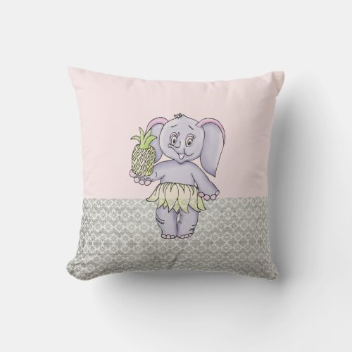 Grey Pink Elephant Girl Modern Baby for Kids Throw Pillow