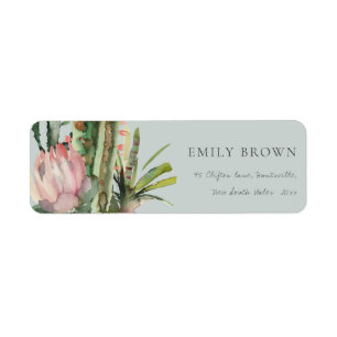 GREY PINK FLORAL CACTI FOLIAGE WATERCOLOR ADDRESS LABEL