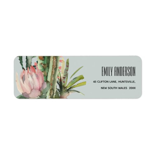 GREY PINK FLORAL CACTI FOLIAGE WATERCOLOR ADDRESS LABEL