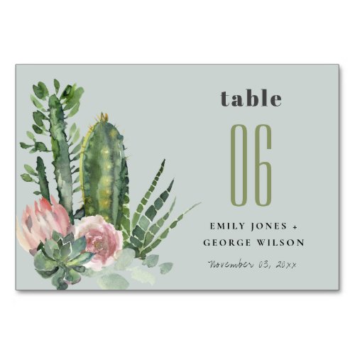 GREY PINK FLORAL CACTI FOLIAGE WATERCOLOR WEDDING TABLE NUMBER